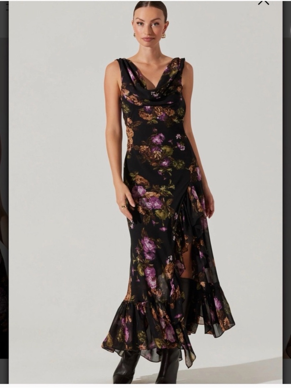 Astr The Label - Black Maxi Dress with Purple & Green Floral Print